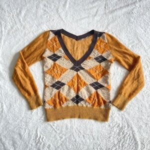 Ermanno Scervino Wool Blend Argyle V-Neck Knit Sweater Top Size 42 IT / 6 US